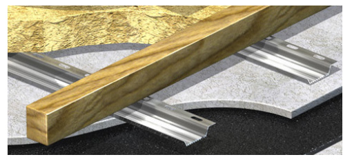 A close up view of how Resilient Bars are used in a sound insulated separating floor to comply with Part E for sound control