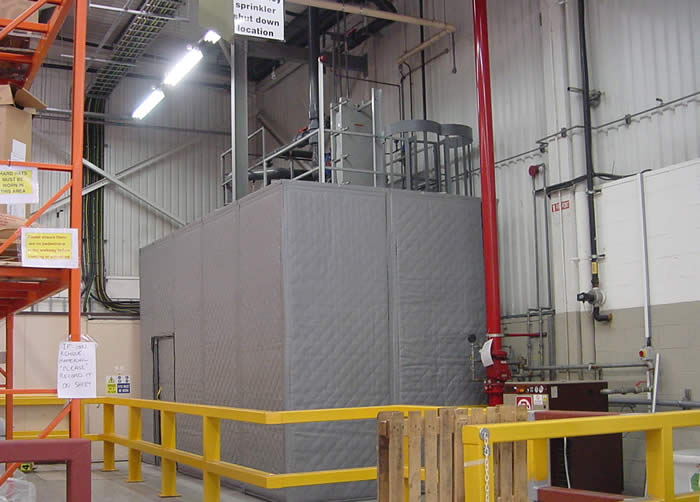 two photos of acoustic curtain being used to create a screen and around an enclosure DSC000111 Sound Proofing Curtain for industrial use